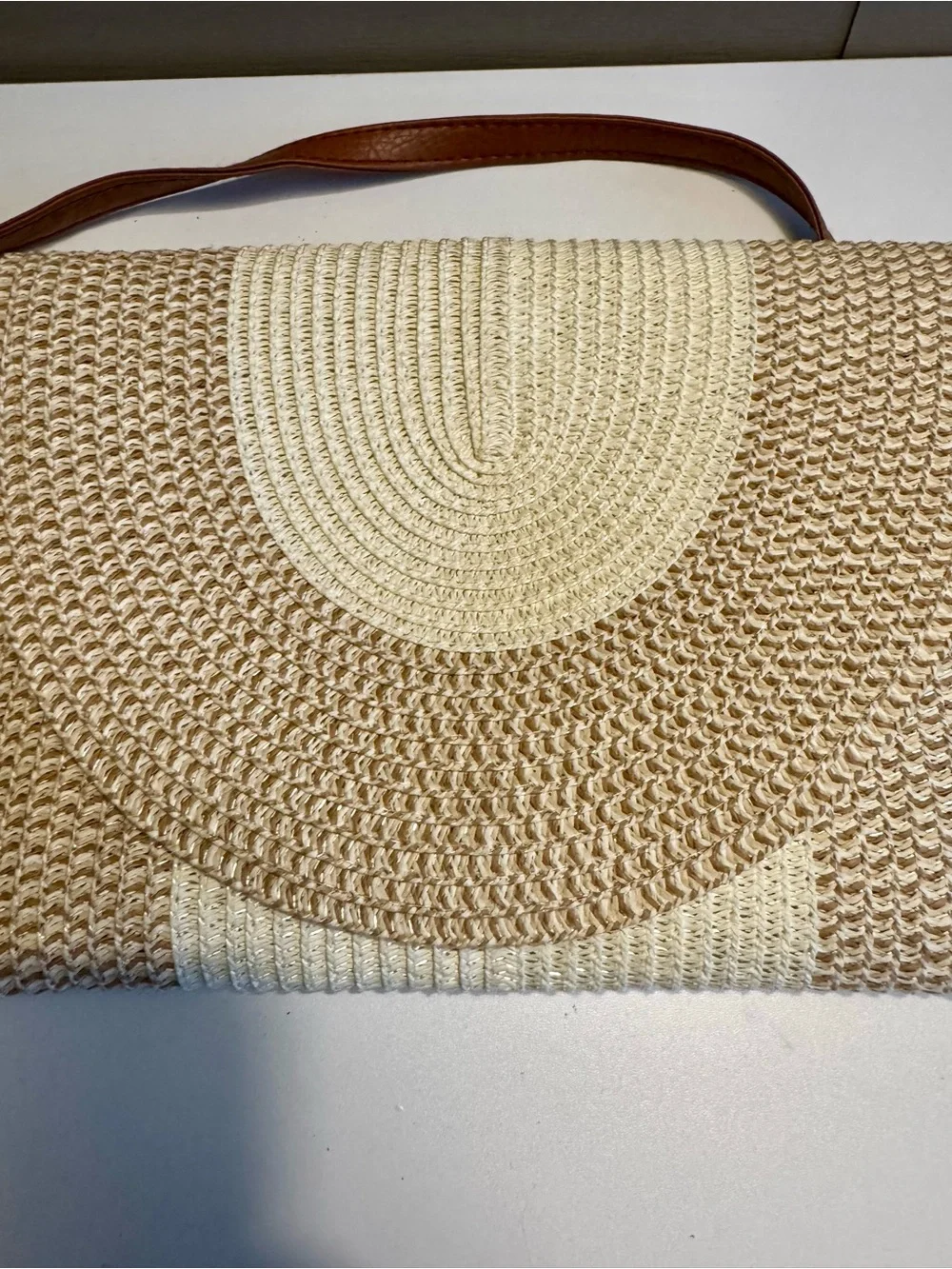 Woven Straw Tote Bag with Brown Strap - Neutral Cream/Beige